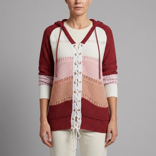Women's Sweater | Lace-Up Hooded Striped Knit Red front view