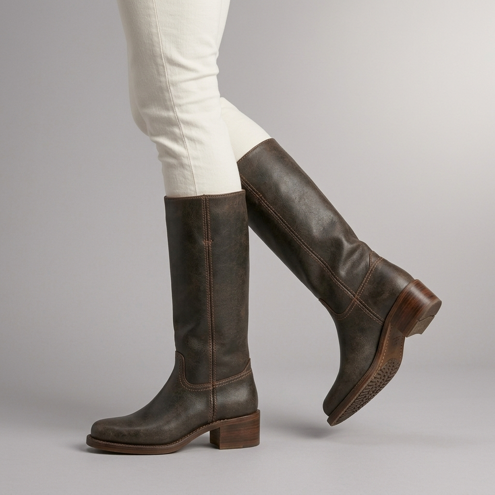 Boots For Women | Knee-High Block Heel Leather Dark Brown three-quarter front view