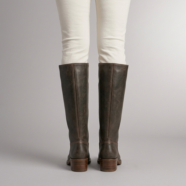 Boots For Women | Knee-High Block Heel Leather Dark Brown worn back view