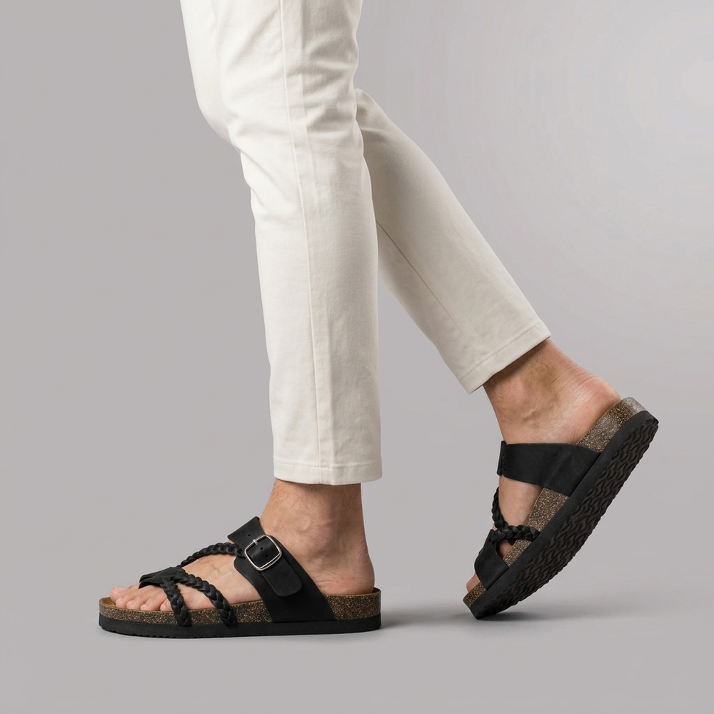 Sandals For Men | Braided Leather Ankle Strap Black three-quarter front view