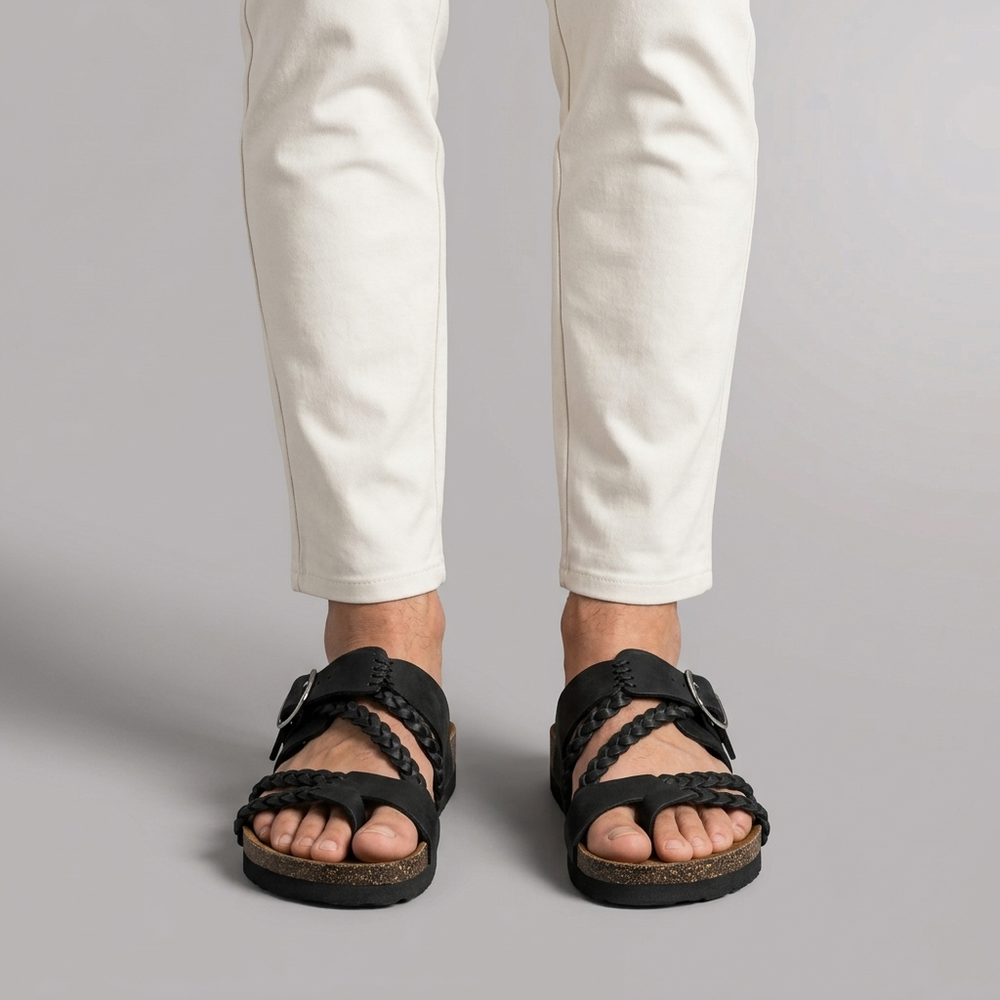 Sandals For Men | Braided Leather Ankle Strap Black three-quarter front view