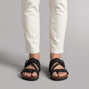 Sandals For Men | Braided Leather Ankle Strap Black worn front view