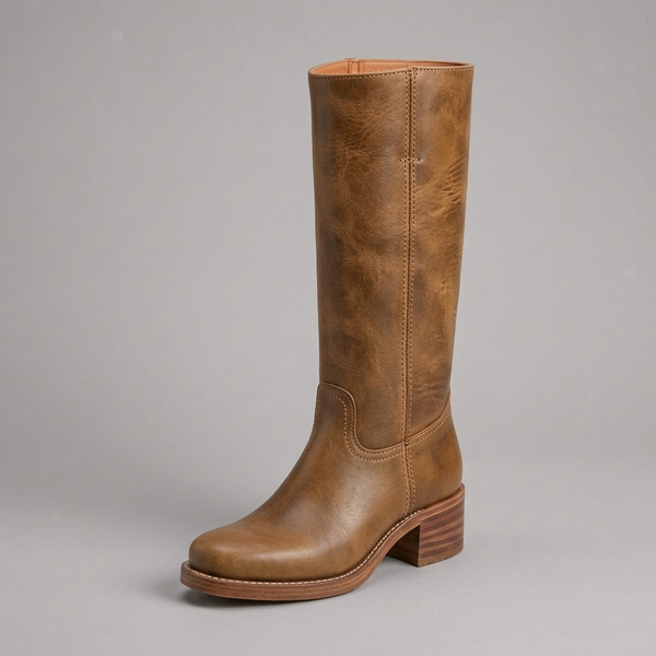 Boots For Women | Knee-High Block Heel Leather Light Brown three-quarter front view