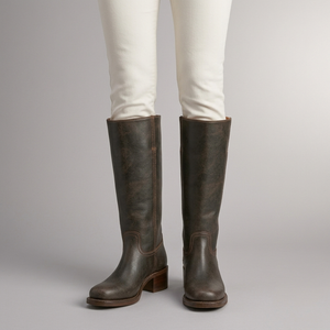 Boots For Women | Knee-High Block Heel Leather Dark Brown worn front view