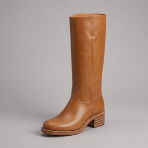 Boots For Women | Knee-High Block Heel Leather Brown three-quarter front view