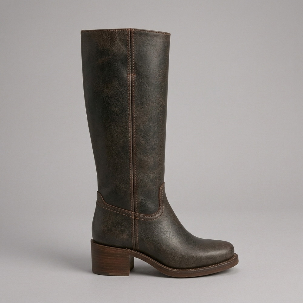 Boots For Women | Knee-High Block Heel Leather Dark Brown three-quarter front view