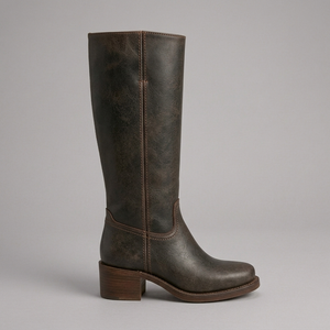 Boots For Women | Knee-High Block Heel Leather Dark Brown side profile