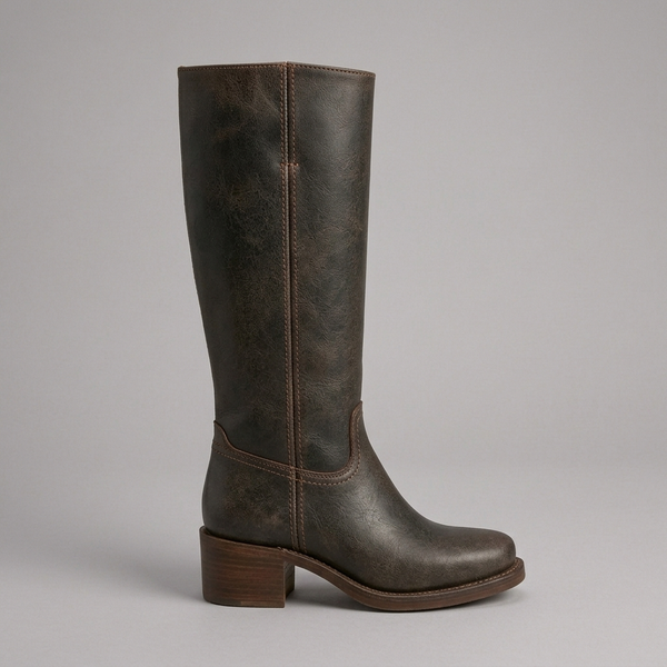 Boots For Women | Knee-High Block Heel Leather Dark Brown side profile