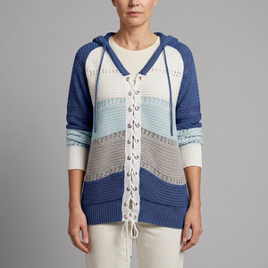 Women's Sweater | Lace-Up Hooded Striped Knit Blue front view