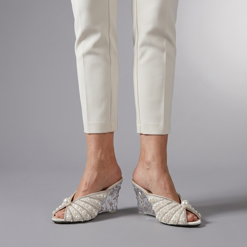 White Shoes For Women | Pearl Embellished Wedge Heel Slip On three-quarter front view