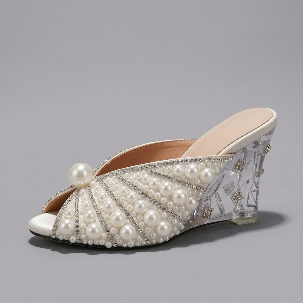 White Shoes For Women | Pearl Embellished Wedge Heel Slip On three-quarter front view
