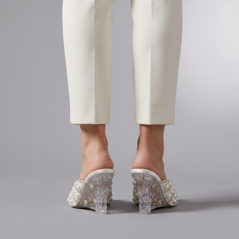 White Shoes For Women | Pearl Embellished Wedge Heel Slip On three-quarter front view