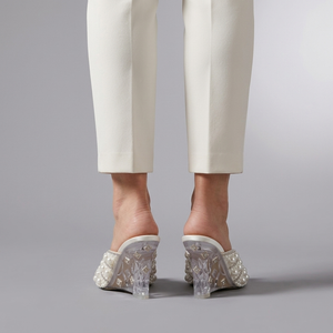 White Shoes For Women | Pearl Embellished Wedge Heel Slip On worn back view