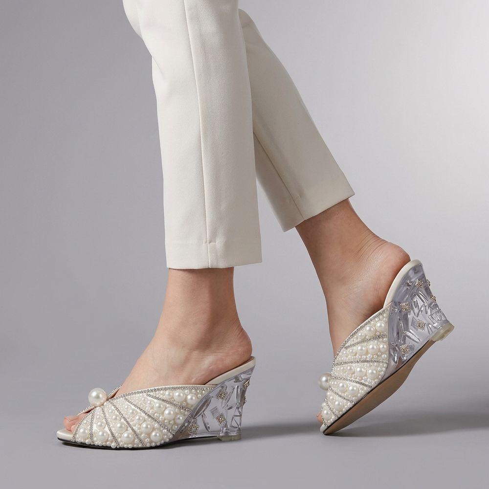 White Shoes For Women | Pearl Embellished Wedge Heel Slip On three-quarter front view