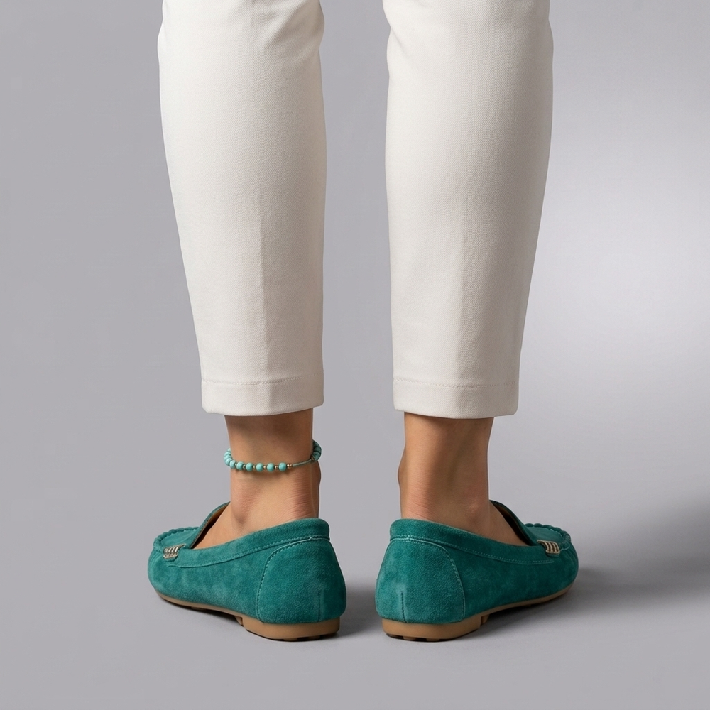 Women's Moccasins | Slip-On Stitched Comfort Blue Green three-quarter front view