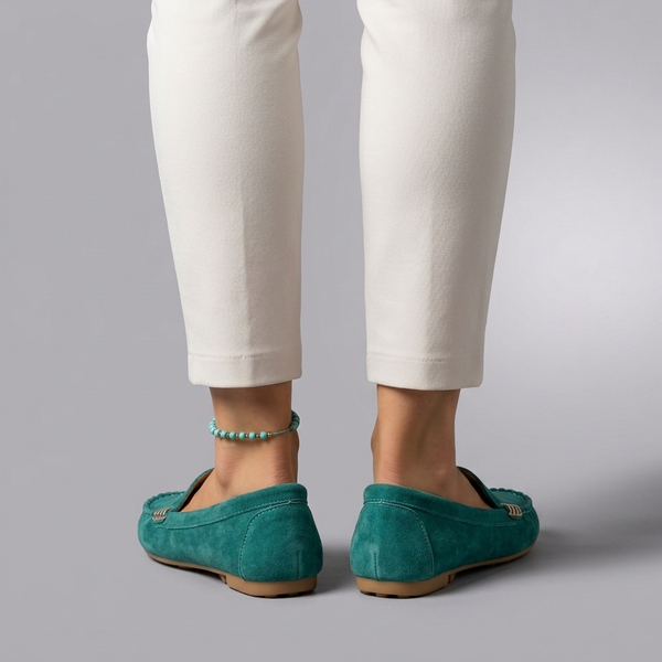 Women's Moccasins | Slip-On Stitched Comfort Blue Green worn back view