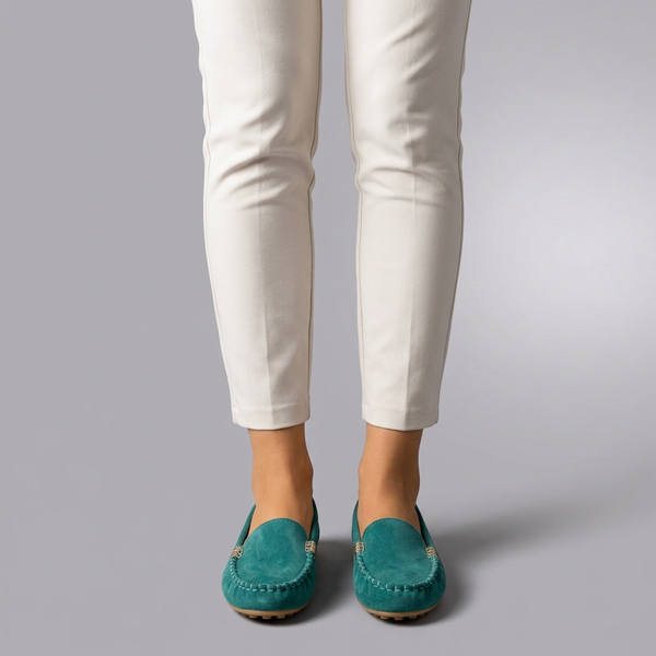 Women's Moccasins | Slip-On Stitched Comfort Blue Green worn front view