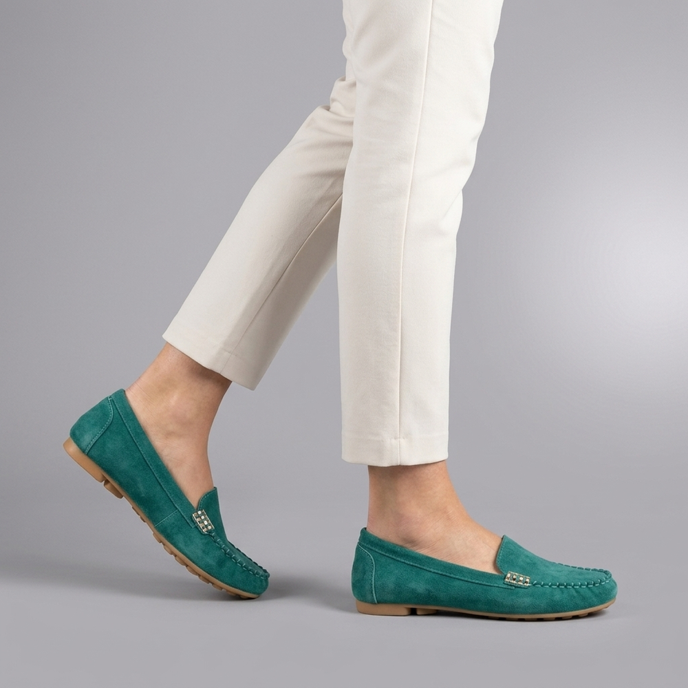 Women's Moccasins | Slip-On Stitched Comfort Blue Green three-quarter front view