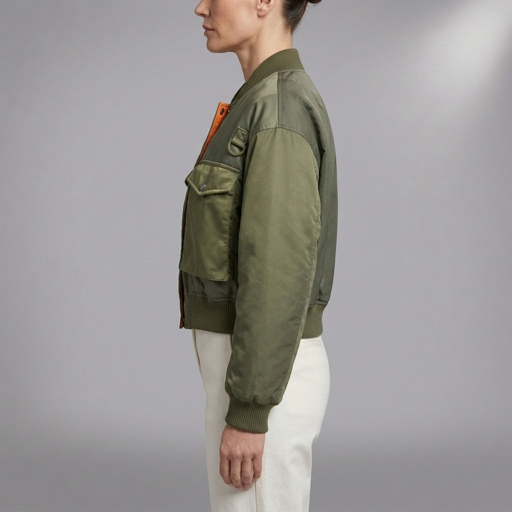 Women's Bomber Jacket | Green Utility Pockets Zip Sleeve Green front view