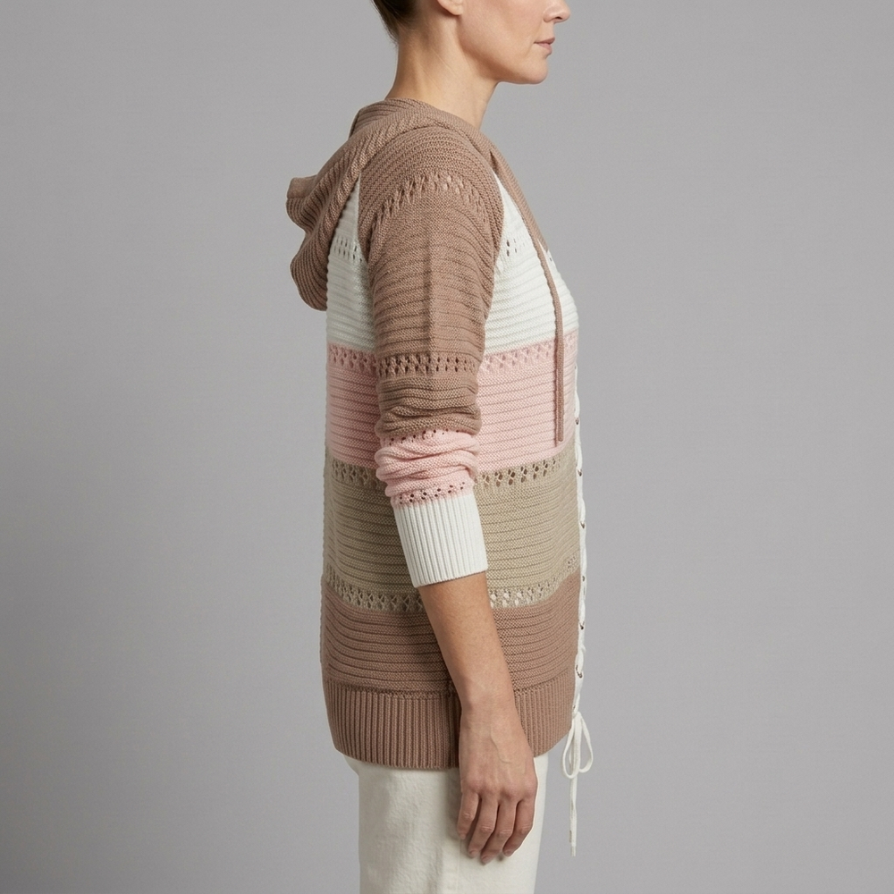 Women's Sweater | Lace-Up Hooded Striped Knit Olive front view