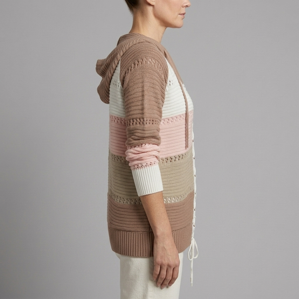 Women's Sweater | Lace-Up Hooded Striped Knit Olive side view