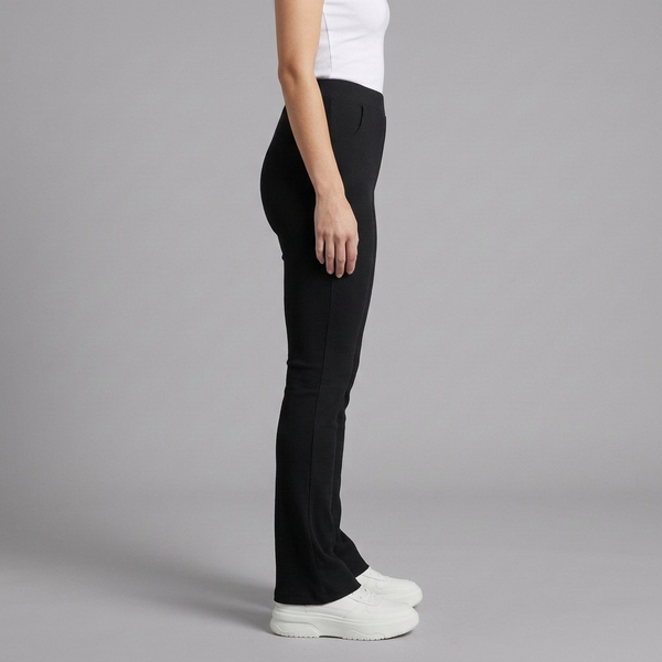 Women's Pants | High Waist Flared Ribbed Knit Black side view